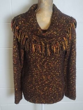 Rich Brown & Orust Orange Fringe Cowl-Neck Sweater with Fringed Cowl Neck